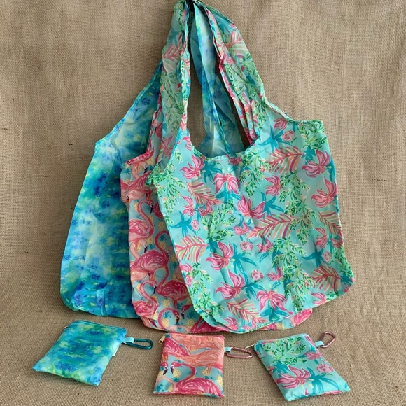 Reusable Foldable Tote Bags Market / Groceries Blue Pink Green 3 Total NWT - Picture 9 of 9